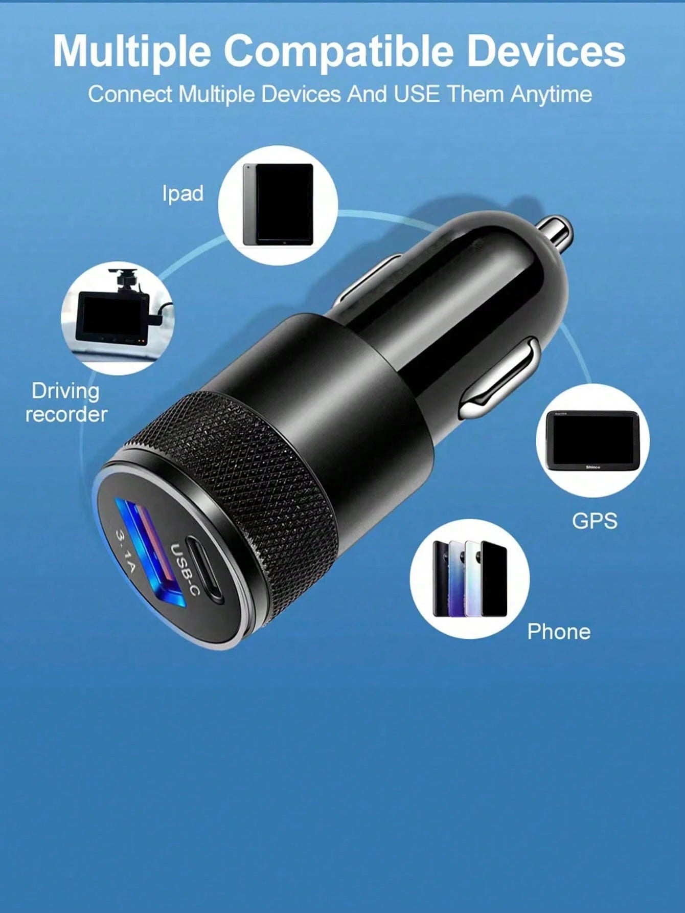 1 Piece Of 3.1a Usb+Pd Interface Metal Fast Charging Car Charger, Suitable For 12v 24v Cars, Buses And Trucks.