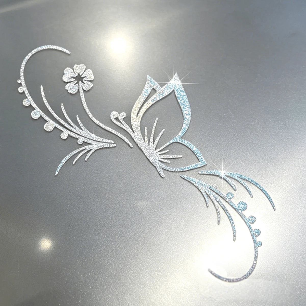 1 Piece Of Butterfly Flower Car Sticker- Shiny Rhinestone Sticker, Self-Adhesive Glossy Vinyl, Cartoon Design, Suitable For Car