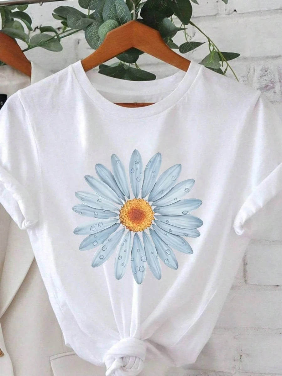 1-Piece Set--Women's Casual Daisy Print T-Shirt | Short-Sleeved, Round-Neck, Lightweight And Breathable Summer Top, Bright Blue And White Design