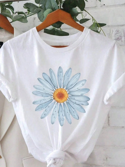 1-Piece Set--Women's Casual Daisy Print T-Shirt | Short-Sleeved, Round-Neck, Lightweight And Breathable Summer Top, Bright Blue And White Design