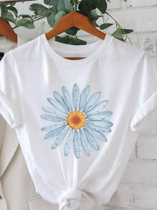 1-Piece Set--Women's Casual Daisy Print T-Shirt | Short-Sleeved, Round-Neck, Lightweight And Breathable Summer Top, Bright Blue And White Design