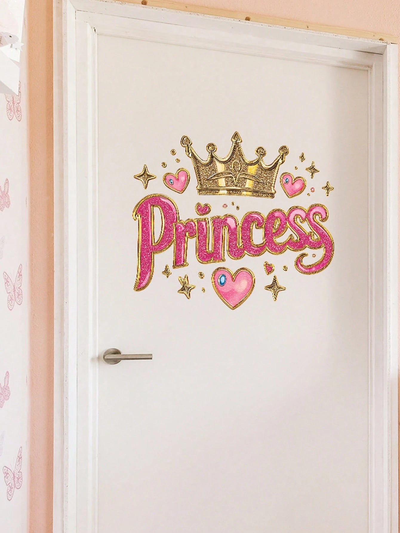 1 Princess-Themed Vinyl Wall Sticker, In Art Deco Style With A Shiny Pink Crown, Suitable For A Girl's Bedroom