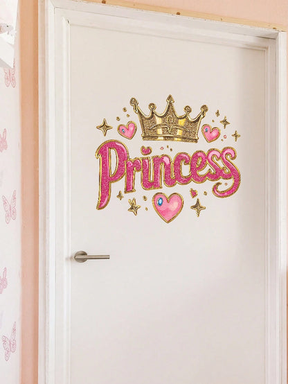 1 Princess-Themed Vinyl Wall Sticker, In Art Deco Style With A Shiny Pink Crown, Suitable For A Girl's Bedroom