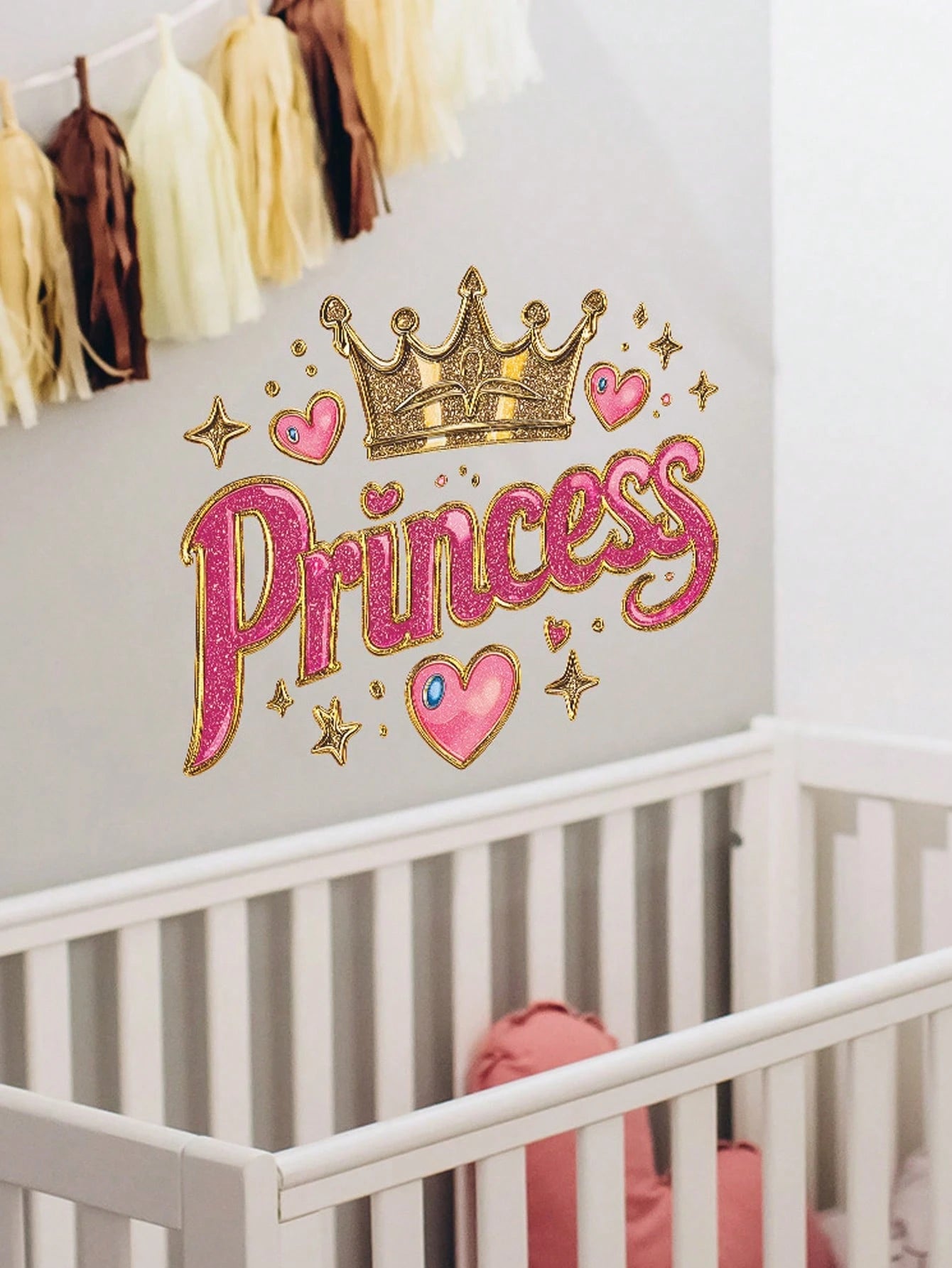 1 Princess-Themed Vinyl Wall Sticker, In Art Deco Style With A Shiny Pink Crown, Suitable For A Girl's Bedroom