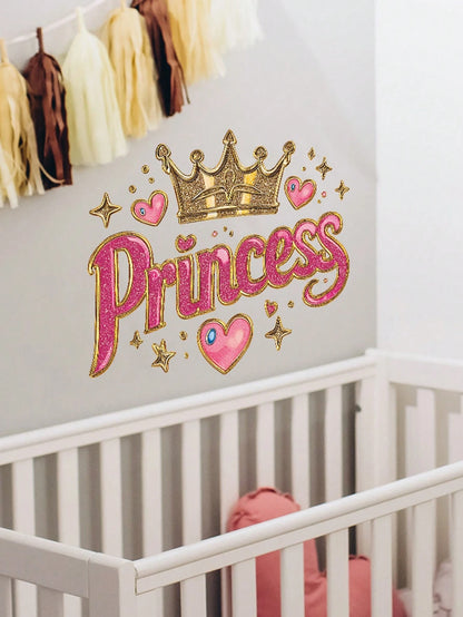 1 Princess-Themed Vinyl Wall Sticker, In Art Deco Style With A Shiny Pink Crown, Suitable For A Girl's Bedroom