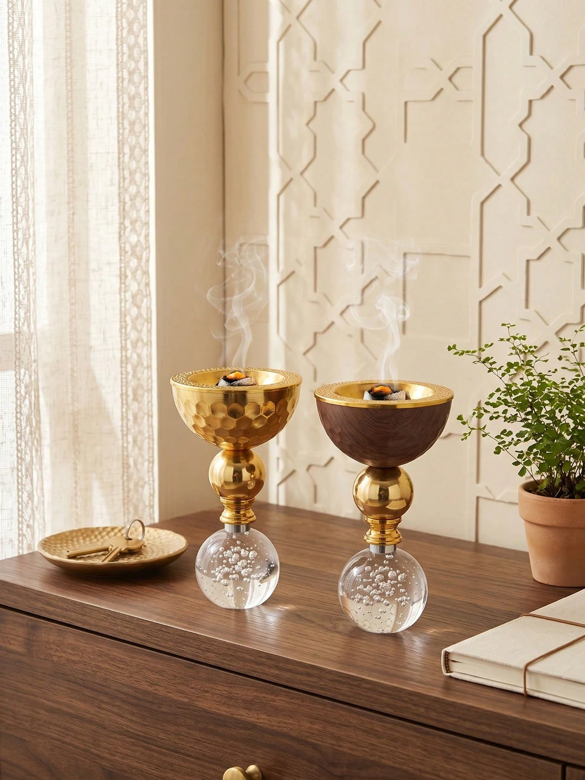 1 Set/1 Pc Metal Crystal Incense Burner, Islamic Ins Light Luxury Style Vertical Incense Burner, Home/Living Room/Bedroom/Tea Room Decor, Home Decoration, Heat-Resistant Easy-To-Clean Middle Eastern F
