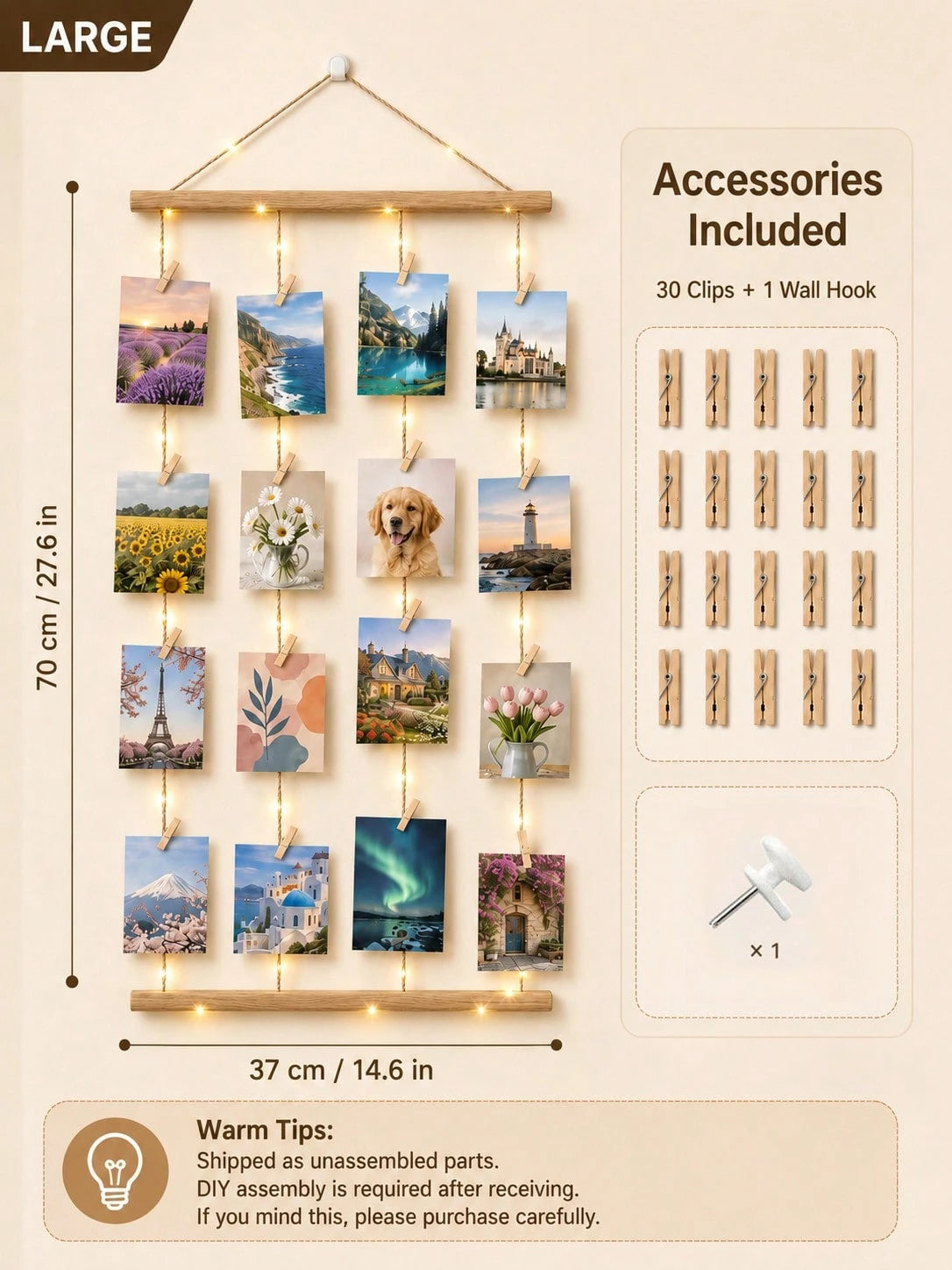 1 Set 15.8*27.6 Inch Photo Wall Frame Collage- 30/15 Clips And Adjustable Ropes Photo Board For Multiple Photos Display- Nordic Style Photo Frame Wall System- Christmas Memory Board, Holiday Home D