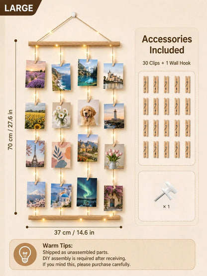 1 Set 15.8*27.6 Inch Photo Wall Frame Collage- 30/15 Clips And Adjustable Ropes Photo Board For Multiple Photos Display- Nordic Style Photo Frame Wall System- Christmas Memory Board, Holiday Home D