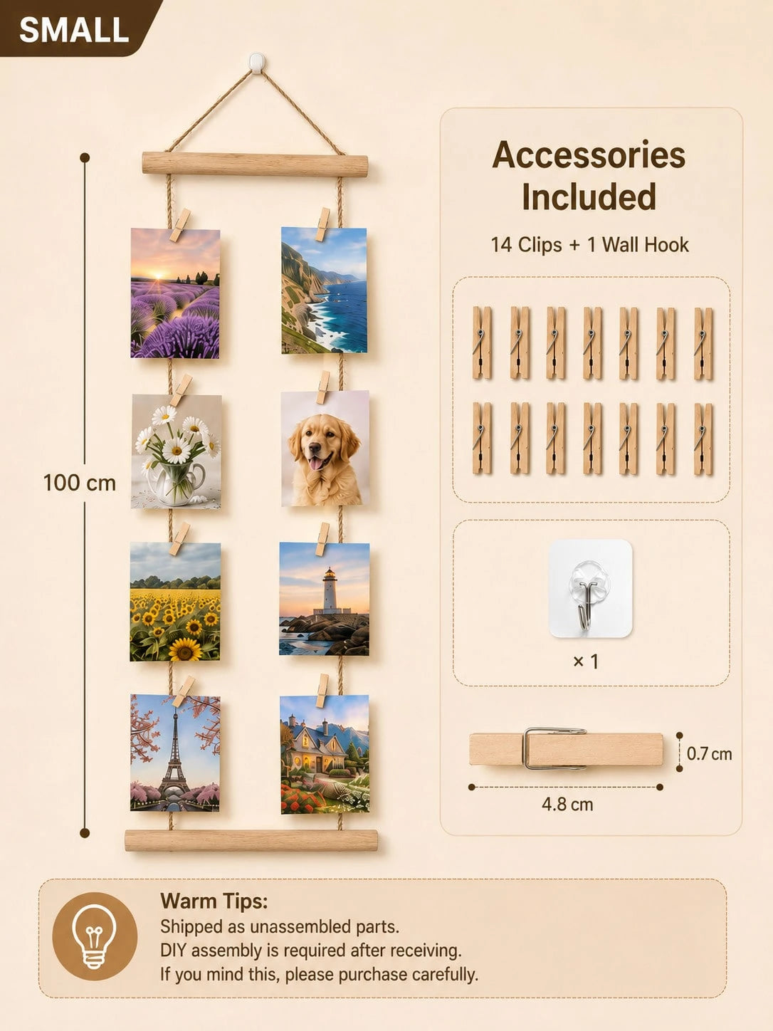 1 Set 15.8*27.6 Inch Photo Wall Frame Collage- 30/15 Clips And Adjustable Ropes Photo Board For Multiple Photos Display- Nordic Style Photo Frame Wall System- Christmas Memory Board, Holiday Home D
