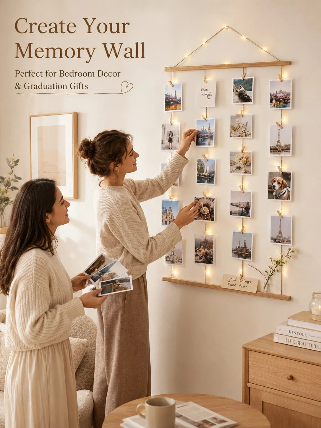 1 Set 15.8*27.6 Inch Photo Wall Frame Collage- 30/15 Clips And Adjustable Ropes Photo Board For Multiple Photos Display- Nordic Style Photo Frame Wall System- Christmas Memory Board, Holiday Home D