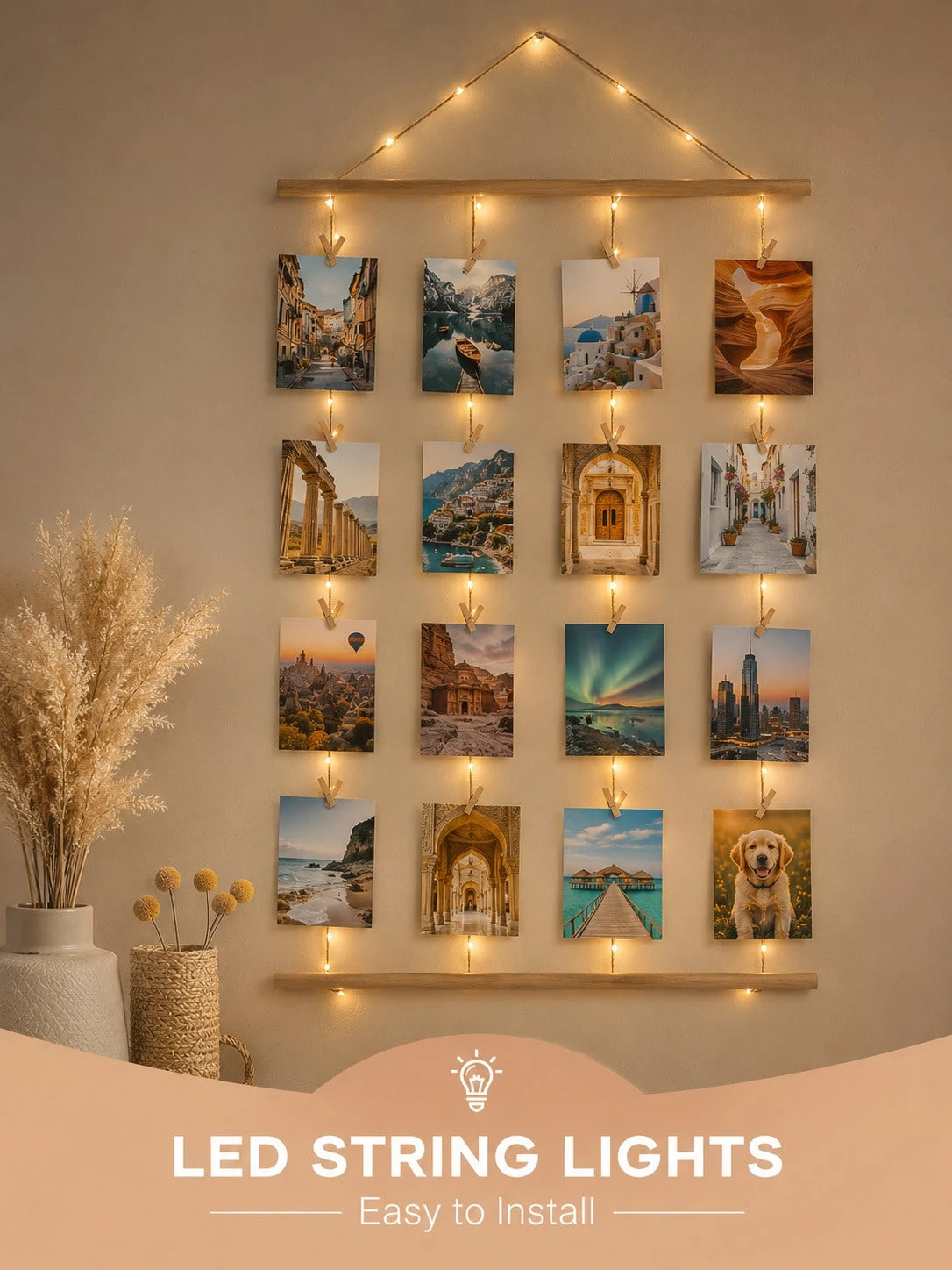 1 Set 15.8*27.6 Inch Photo Wall Frame Collage- 30/15 Clips And Adjustable Ropes Photo Board For Multiple Photos Display- Nordic Style Photo Frame Wall System- Christmas Memory Board, Holiday Home D