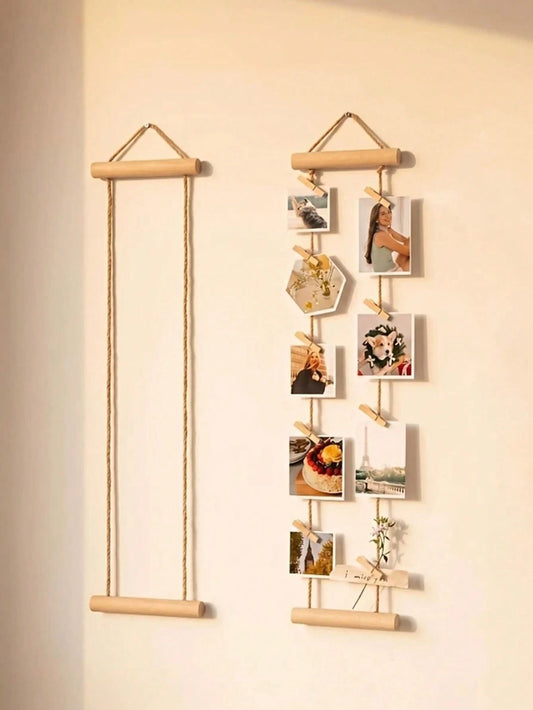 1 Set Bohemian Style Natural Wooden Photo Wall Hanging, No-Drill Photo Display Rack With 15 Clips, Rustic Vertical Photo Holder Suitable For Bedroom, Dorm Or Apartment, Thoughtful Gift For Family And