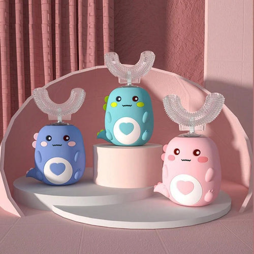 1 Set Kids U-Shaped Electric Toothbrush With 2 Brush Heads + 1 Manual Toothbrush, Children's U-Shaped Electric Toothbrush, Children's Wave Toothbrush, Cartoon Dinosaur 360° Cleaning, IPX7 Waterproof D