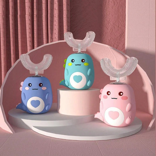 1 Set Kids U-Shaped Electric Toothbrush With 2 Brush Heads + 1 Manual Toothbrush, Children's U-Shaped Electric Toothbrush, Children's Wave Toothbrush, Cartoon Dinosaur 360° Cleaning, IPX7 Waterproof D