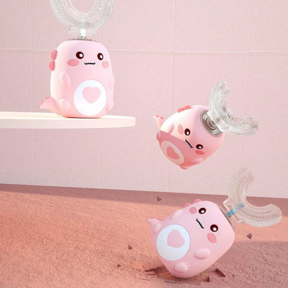 1 Set Kids U-Shaped Electric Toothbrush With 2 Brush Heads + 1 Manual Toothbrush, Children's U-Shaped Electric Toothbrush, Children's Wave Toothbrush, Cartoon Dinosaur 360° Cleaning, IPX7 Waterproof D