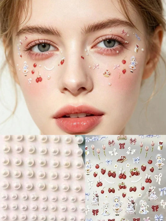 1 Set Lolita Vintage Doll Bow Cherry Strawberry Tulip Face Decoration Stickers With Soft White Round Pearl Set, Ultra-Thin Transparent Base With Self-Adhesive, Soft Pastel Vintage Doll Pattern, Suitab