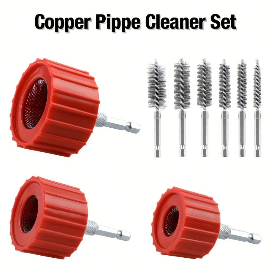1 Set Of Copper Pipe Cleaner Kit And Drilling (9-Piece Set), Pipe Cleaning Brush Kit, 1/4 Inch Hex Leg For Electric Drill Bit Impact Driver, For Copper, Brass, Plastic Pipes, Rusted