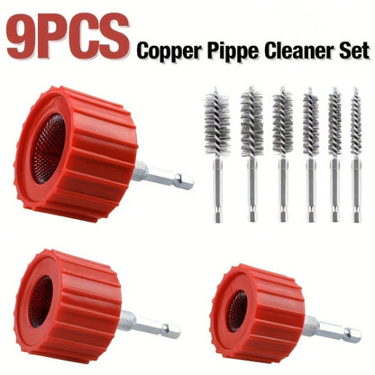 1 Set Of Copper Pipe Cleaner Kit And Drilling (9-Piece Set), Pipe Cleaning Brush Kit, 1/4 Inch Hex Leg For Electric Drill Bit Impact Driver, For Copper, Brass, Plastic Pipes, Rusted