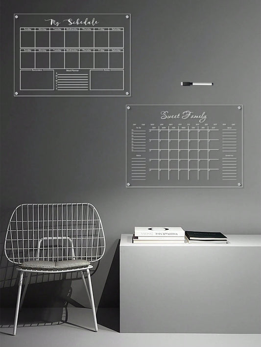 1 Set White Line Transparent Acrylic Wall-Mounted Weekly & Monthly Planner Board, Erasable Family Recipe Memo Message Board, Wall-Mounted Weekly Planner Whiteboard