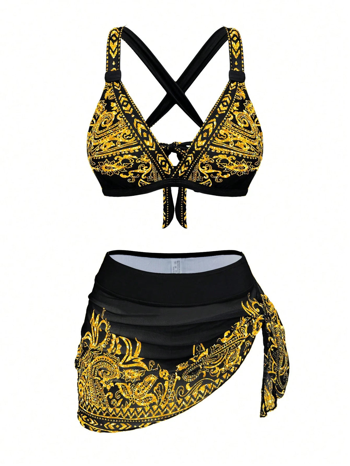 1 Set Women's 3-Piece Bikini Swimwear With Sarong Skirt, Tie-Front, Slimming & Fashionable For Casual Swimming Vacation Beach Summer Yellow
