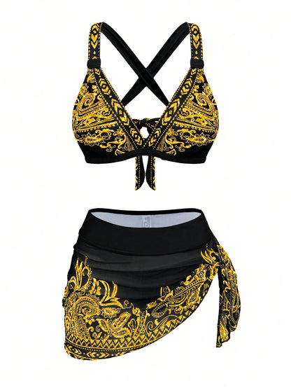 1 Set Women's 3-Piece Bikini Swimwear With Sarong Skirt, Tie-Front, Slimming & Fashionable For Casual Swimming Vacation Beach Summer Yellow