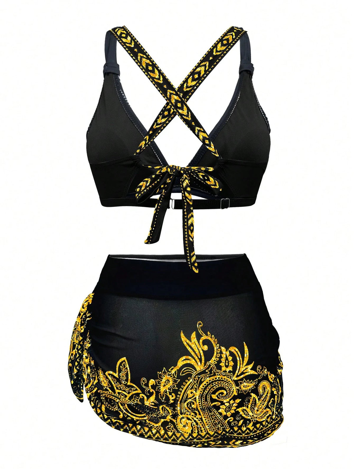 1 Set Women's 3-Piece Bikini Swimwear With Sarong Skirt, Tie-Front, Slimming & Fashionable For Casual Swimming Vacation Beach Summer Yellow