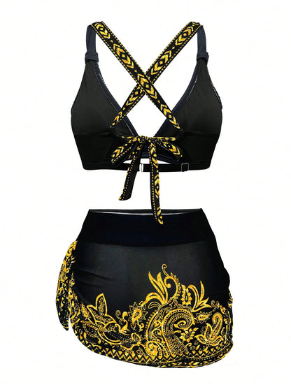 1 Set Women's 3-Piece Bikini Swimwear With Sarong Skirt, Tie-Front, Slimming & Fashionable For Casual Swimming Vacation Beach Summer Yellow