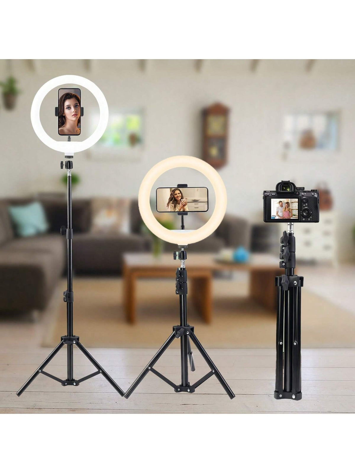10" LED Selfie Ring Light With 43'' Tripod & 2 Phone Holders, Dimmable Knob Control, USB Powered| Perfect For Makeup, Vlogging, For Live Streaming & Video Recording Strong Load-Bearing
