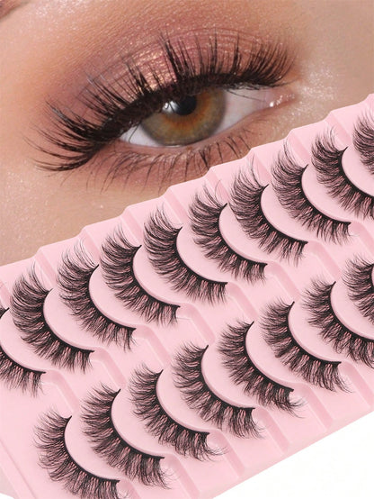 10 Pairs Full Strip False Eyelashes, Voluminous Ultra-Dense Fluffy, Natural Bionic Furry 3D Effect, Ultra-Fine Black Stem, Reusable For Daily Commute Makeup, Essential Portable Wear