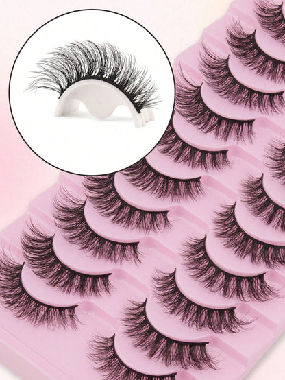 10 Pairs Full Strip False Eyelashes, Voluminous Ultra-Dense Fluffy, Natural Bionic Furry 3D Effect, Ultra-Fine Black Stem, Reusable For Daily Commute Makeup, Essential Portable Wear