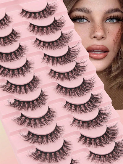 10 Pairs Full Strip False Eyelashes, Voluminous Ultra-Dense Fluffy, Natural Bionic Furry 3D Effect, Ultra-Fine Black Stem, Reusable For Daily Commute Makeup, Essential Portable Wear