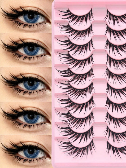 10 Pairs Wet Look Spiky Fox Eye Anime Strip Lashes, Dramatic Pointed Tip False Eyelashes, Reusable Long Lasting Fake Lashes For Anime Cosplay, Halloween, Club Party & Stage Makeup Beauty Tool