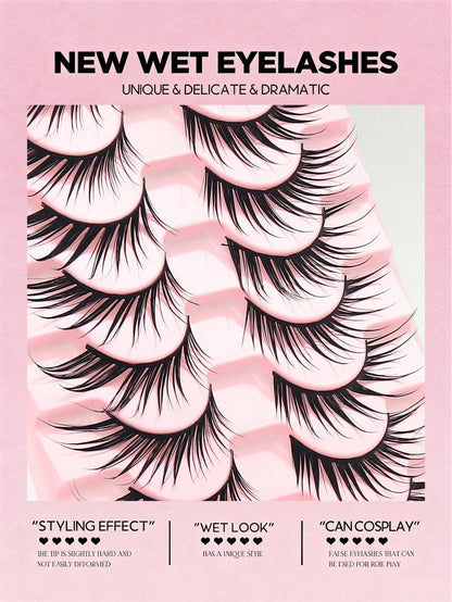 10 Pairs Wet Look Spiky Fox Eye Anime Strip Lashes, Dramatic Pointed Tip False Eyelashes, Reusable Long Lasting Fake Lashes For Anime Cosplay, Halloween, Club Party & Stage Makeup Beauty Tool