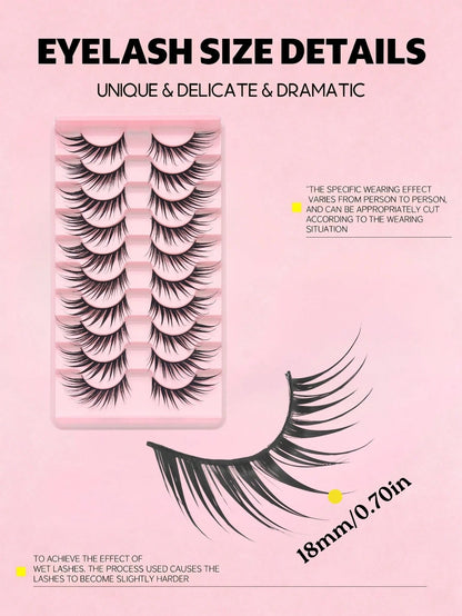 10 Pairs Wet Look Spiky Fox Eye Anime Strip Lashes, Dramatic Pointed Tip False Eyelashes, Reusable Long Lasting Fake Lashes For Anime Cosplay, Halloween, Club Party & Stage Makeup Beauty Tool