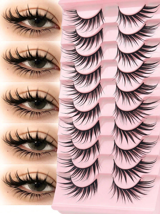 10 Pairs Wet Style Sharp Spiky Fox Eye Anime Strip Lashes, Dramatic Wet-Look Extensions Fake Eyelashes, Hard Thin Lash Band Reusable Cosplay Lashes Ideal For Manga Cosplay, Festival, Night Out, Photos