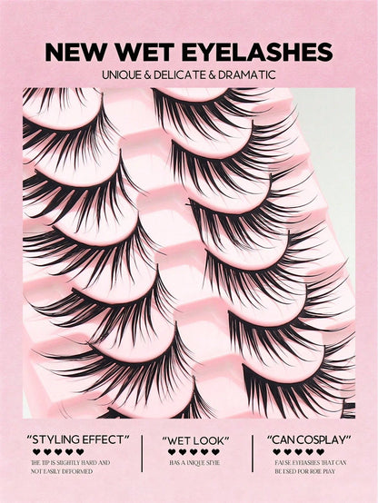 10 Pairs Wet Style Sharp Spiky Fox Eye Anime Strip Lashes, Dramatic Wet-Look Extensions Fake Eyelashes, Hard Thin Lash Band Reusable Cosplay Lashes Ideal For Manga Cosplay, Festival, Night Out, Photos