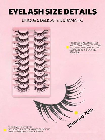 10 Pairs Wet Style Sharp Spiky Fox Eye Anime Strip Lashes, Dramatic Wet-Look Extensions Fake Eyelashes, Hard Thin Lash Band Reusable Cosplay Lashes Ideal For Manga Cosplay, Festival, Night Out, Photos