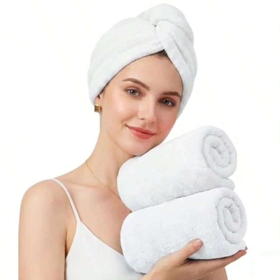 100 Cotton Hair Towel Wrap For Women, 2 Pack Thickened Super Absorbent Turbans, Anti Frizz Quick Dry Hair Towels White