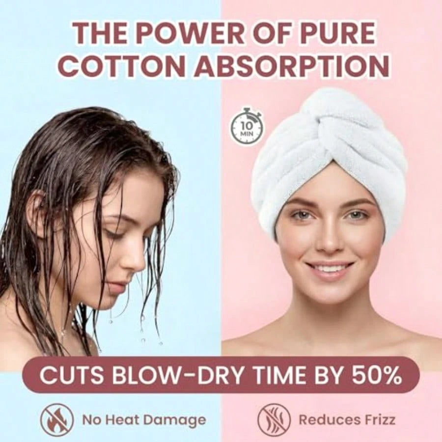 100 Cotton Hair Towel Wrap For Women, 2 Pack Thickened Super Absorbent Turbans, Anti Frizz Quick Dry Hair Towels White