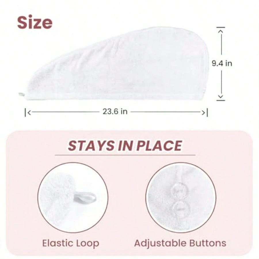 100 Cotton Hair Towel Wrap For Women, 2 Pack Thickened Super Absorbent Turbans, Anti Frizz Quick Dry Hair Towels White