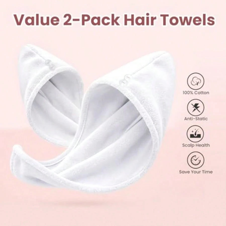 100 Cotton Hair Towel Wrap For Women, 2 Pack Thickened Super Absorbent Turbans, Anti Frizz Quick Dry Hair Towels White