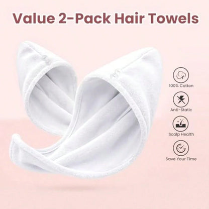 100 Cotton Hair Towel Wrap For Women, 2 Pack Thickened Super Absorbent Turbans, Anti Frizz Quick Dry Hair Towels White