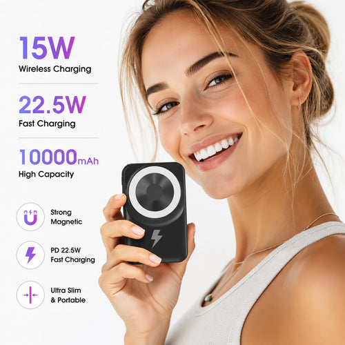 10000mAh Fast Charging Wireless Magnetic Portable Charger With Foldable Stand, Built-In Cables 15W Magnetic Charging LED Digital Battery Display, Travel Essentials Camping Essentials College Essential