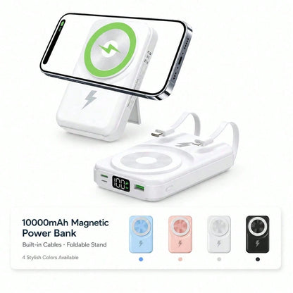 10000mAh Fast Charging Wireless Magnetic Portable Charger With Foldable Stand, Built-In Cables 15W Magnetic Charging LED Digital Battery Display, Travel Essentials Camping Essentials College Essential