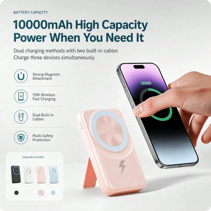 10000mAh Magnetic Power Bank Charger With Foldable Stand, Built-In Dual Cables 15W Wireless Charging 22.5W Fast Charging LED Indicator, Travel Essentials Camping Gear Back To School College Dorm Essen