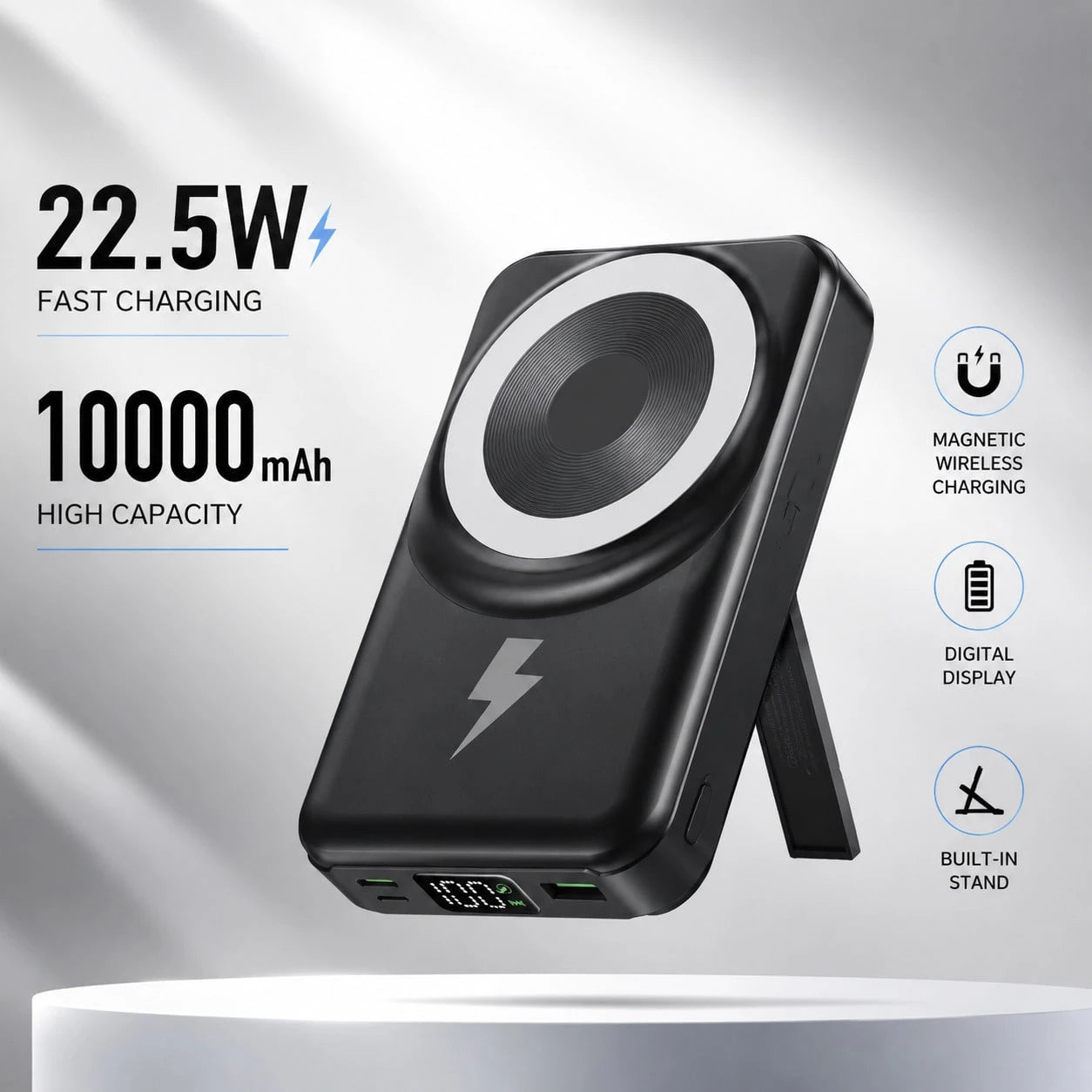 10000mAh Magnetic Wireless Power Bank Foldable Kickstand Built-In Cables, 15W Wireless Charging 22.5W Wired Fast Charging LED Digital Power Display, Travel Essentials Camping Essentials Back To School