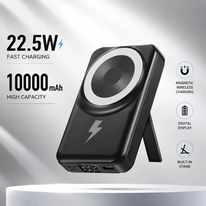 10000mAh Magnetic Wireless Power Bank Foldable Kickstand Built-In Cables, 15W Wireless Charging 22.5W Wired Fast Charging LED Digital Power Display, Travel Essentials Camping Essentials Back To School