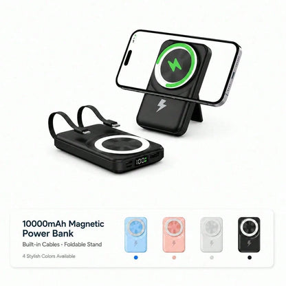 10000mAh Magnetic Wireless Power Bank Foldable Kickstand Built-In Cables, 15W Wireless Charging 22.5W Wired Fast Charging LED Digital Power Display, Travel Essentials Camping Essentials Back To School