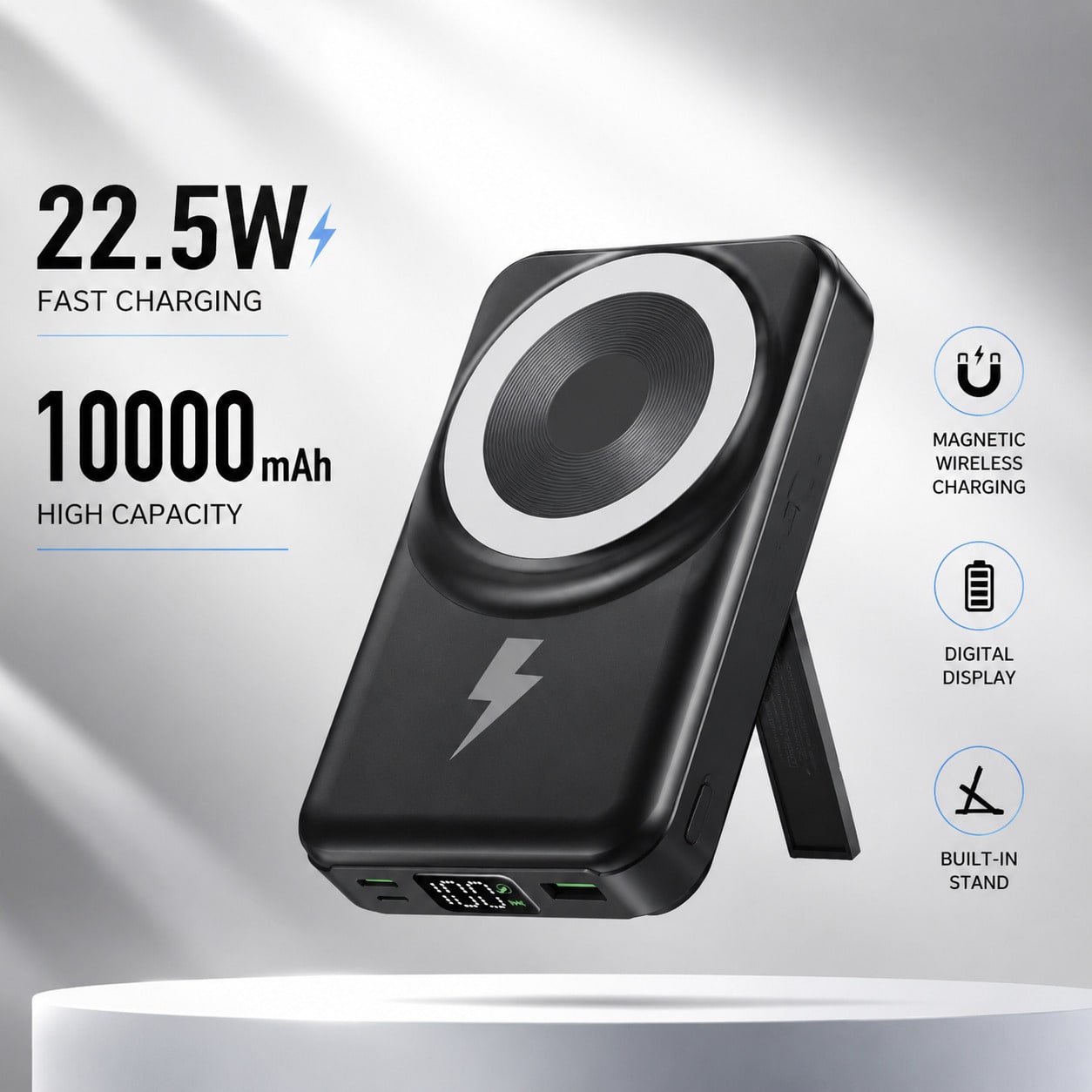10000mAh Magnetic Wireless Power Bank Foldable Kickstand Built-In Cables, 15W Wireless Charging 22.5W Wired Fast Charging LED Digital Power Display, Travel Essentials Camping Essentials Back To School