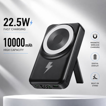 10000mAh Magnetic Wireless Power Bank Foldable Kickstand Built-In Cables, 15W Wireless Charging 22.5W Wired Fast Charging LED Digital Power Display, Travel Essentials Camping Essentials Back To School